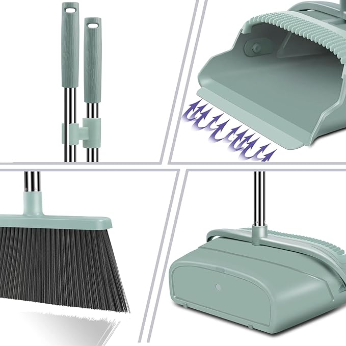 Upgrade Broom and Dustpan Set, Large Size and with Long Handle, Upright,Ideal for Indoor Outdoor Garage Kitchen Room Office Lobby Use (Green)