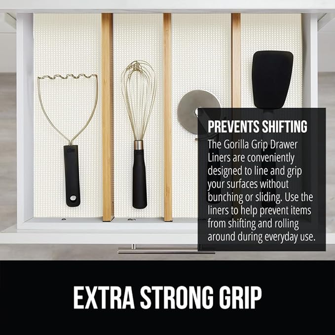 GORILLA GRIP powerGRIP Drawer Shelf and Cabinet Liner, Thick Strong Hold, Non-Adhesive Liners Protect Kitchen Cabinets and Cupboard, Bathroom Drawers, Easy Install, Breathable Mat, 17.5" x20', White