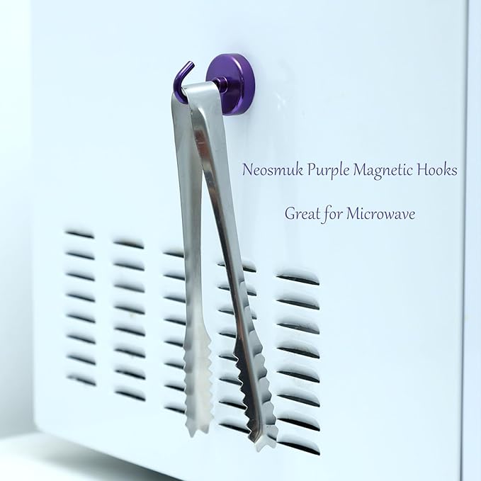 Neosmuk Magnetic Hooks, Heavy Duty Earth Magnets with Hooks for Refrigerator, Extra Strong Cruise Hooks for Hanging, Magnetic Hangers for Curtains, Grills (Purple, 6 Pack)