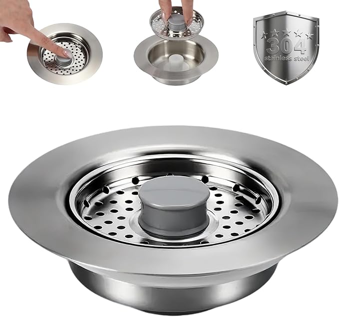Sink Drain Strainer - Kitchen Sink Stopper, 3 In 1 Kitchen Sink Drain Strainer with Anti-Clogging Basket, Fit US Standard 3-1/2'' Sink Hole