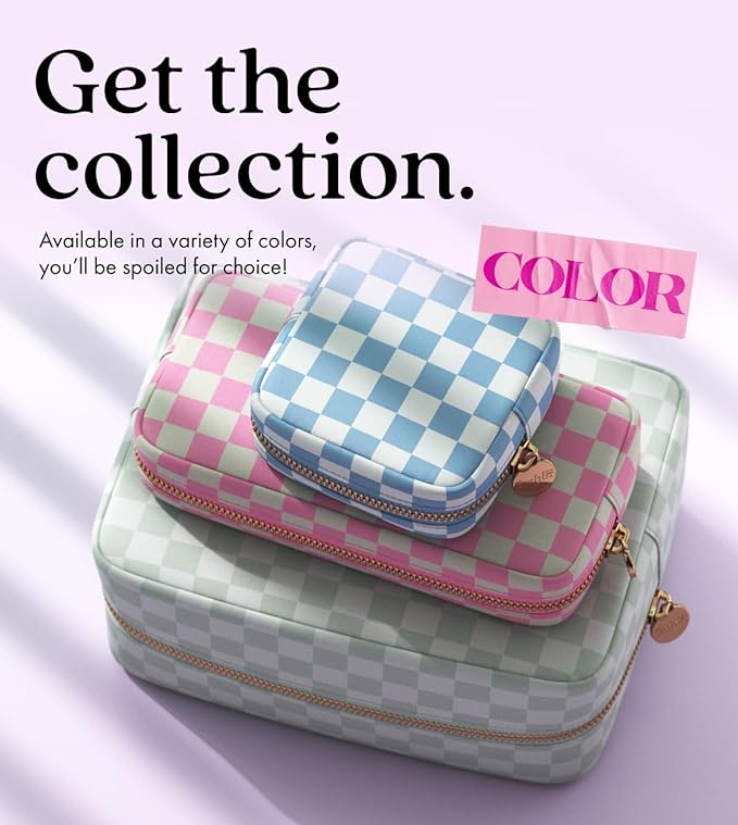 Embla Makeup Bag Travel Cosmetics Pouch and Toiletry Bag, Nylon Zipper Pouch Purse, Cute Make Up Organizer Storage Tote for Women Girls,Travel Skincare Case, Large Makeup Case, Flamingo Checkered