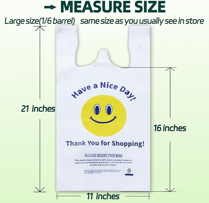0.8Mil(20 Microns), 100 Count, Plastic Bags with Handles, T-Shirt bag, Thank You bags, Shopping Bag, Grocery Bag, |for Store, Carry, Pack|, White, 1/6 Barrel, Large 11"x6"x21", Heavy Duty