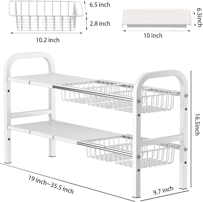 Under Sink Organizer, 2 Tier Expandable Heavy Duty Metal Shelf, with 5 Removable Panels and 5 Storage Baskets for Under Kitchen Bathroom Sink Organizers and Storage (White, Large)