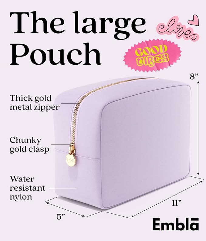 Embla Makeup Bag Travel Cosmetics Pouch and Toiletry Bag, Nylon Zipper Pouch Purse, Cute Make Up Organizer Storage Tote for Women Girls, Waterproof Travel Skincare Case, Large Makeup Bags, Lilac