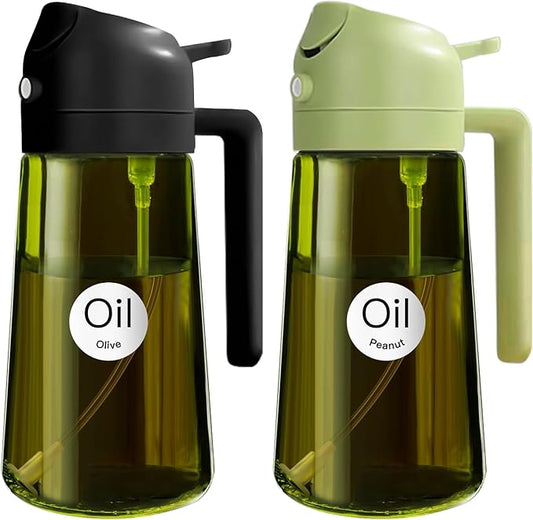 YARRAMATE 16oz/470ml 2PCS Light Blockage Dark Oil Sprayer for Cooking, 2 in 1 Olive Oil Dispenser Bottle for Kitchen, Green Glass Oil Bottle, Food-Grade Oil Mister for Air Fryer, BBQ (Black & Green)