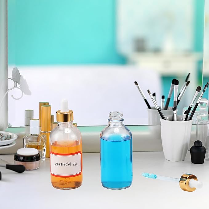 Fumete 2 Pack Glass Bottles 4oz Empty Refillable Liquid Containers with 1 Label 1 Funnel for Essential Oils Hair Travel Plants Cleaning Skin Care (Clear, Gold Top,Dropper Bottle)