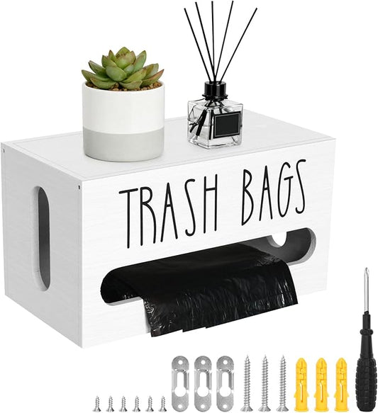 Trash Bag Dispenser, Double Wall Mounted,Wood Trash Bag Holder, used in kitchen, garage, laundry room, can store Environmentally friendly food bags and garbage bags (White/Small)