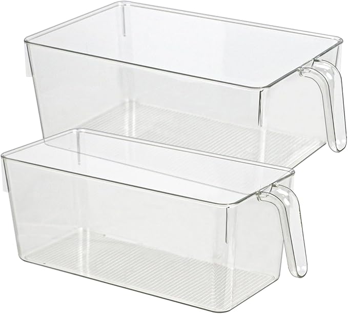 2pcs Clear Kitchen Storage Bins, pantry organizers and storage, Small Clear Containers for Organizing, Fridge Organizer, Cabinet Shelf Storage Bins (M+S)