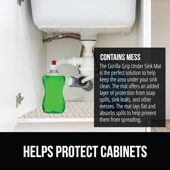 GORILLA GRIP LeakGuard Non-Adhesive Under Sink Mat for Kitchen Cabinet, 24x50, Waterproof Quick Dry Shelf Liner, Durable Absorbent Felt Mats for Bathroom Sinks, Cabinets, Dresser, Damask Taupe Cream