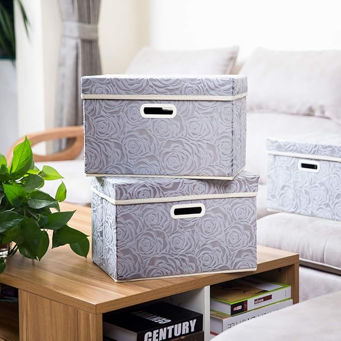 PRANDOM Collapsible Storage Cubes with Lids, Fabric Decorative Storage Bins Boxes Organizer Containers Baskets with Cover Handles for Bedroom Closet Living Room, 14.9x9.8x9.8 Inch, 3 Pack