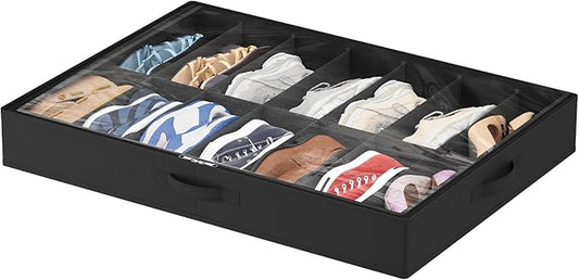Lifewit Under Bed Shoe Storage Organizer 1 Pack (14 Pairs), 4.3" Tall Fabric Shoe Container Box, Foldable Closet Shoe Bag with 2 Reinforced Handles and Clear Cover, Black