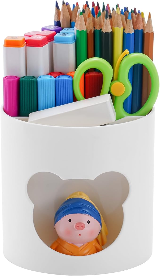 Marbrasse Desk Organizer, Cute Pen Holder for Desk, Pencil Pen Organizer for Classroom Must Haves, Art Supply Storage Box Caddy for Office, Home (White & White Bear Head, one size)