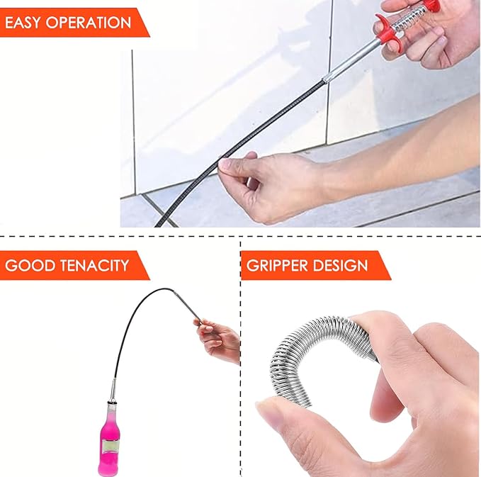 Drain Snake，Plumbing Drain Clog Remover, Gutter Cleaning Tools for Toilet Shower Kitchen Bathroom Tub, Clogged Drains Opener Cleaning Tool, Flexible Grabber Claw Pick Up Reacher (61 IN)