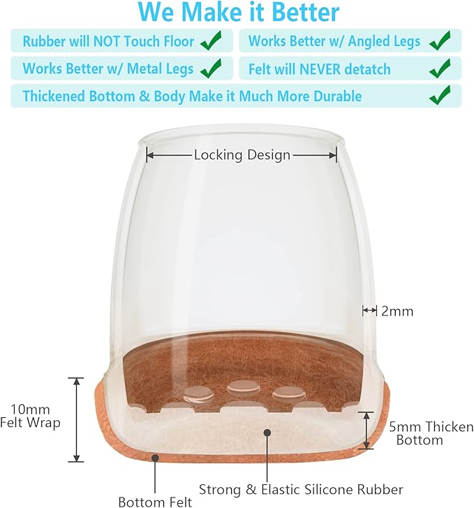 16 Pack Chair Leg Floor Protectors for Hardwood Floors, Round Rubber Furniture Sliders, 360°Felt Pad Bottom Wrapped Thickening Silicone Furniture Leg Caps Covers (Square, Clear-Brown-L)