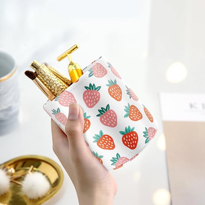 WAVEYU Pen Holder for Women Girls, Pencil Cup Pink Desk Decor, Makeup Brush Holder Large Pu Leather Multi-Functional Organizer Cup for Office, Classroom, Home, Strawberry