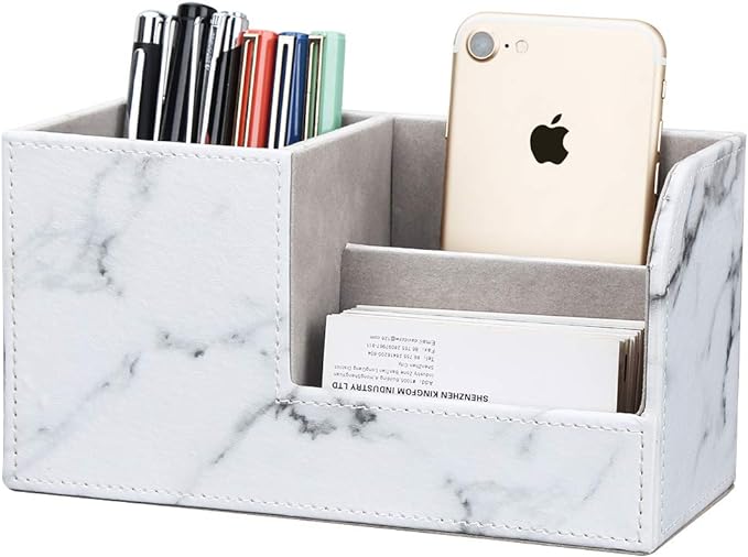 KINGFOM Desk Organizer Office Supplies Caddy Pu Leather Multi-function Storage Box Pen/Pencil,Cell phone, Business Name Cards Remote Control Holder Gray Marble