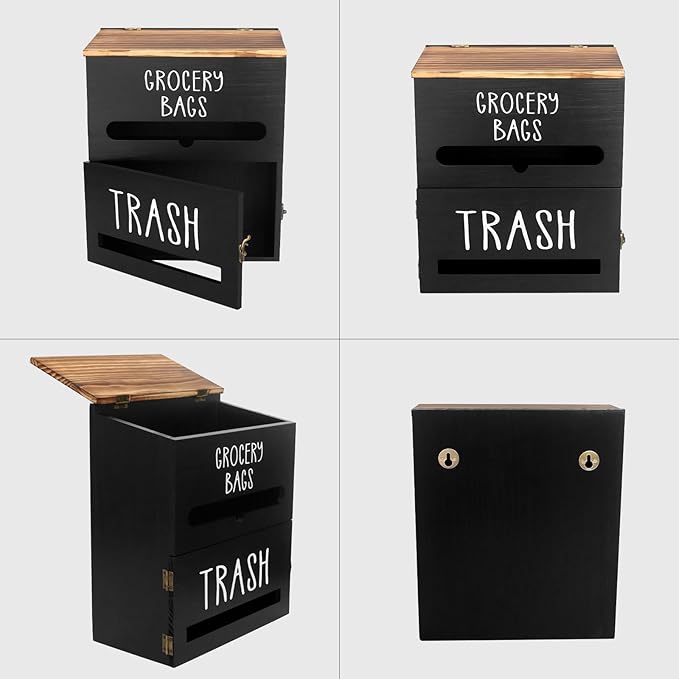 2-in-1 Trash Bag Dispenser, Double Wall-Mounted, Wood Trash Bag Holder, for kitchen, garage, laundry room, can store eco-friendly food bags and trash bags (Black)