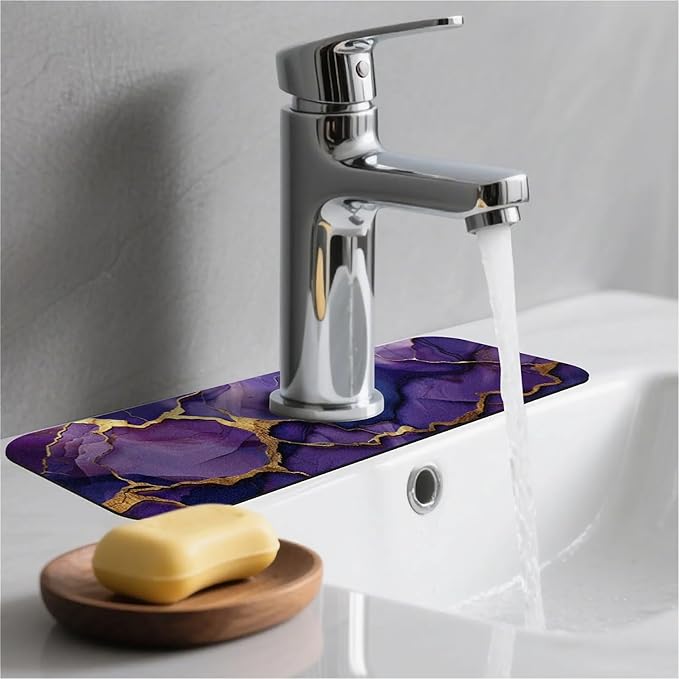 Kitchen Sink Splash Guard，Deep-purple gold marble Faucet Mat Sink Gadgets-Super Absorbent Fast Drying Mat Drip Catcher for Kitchen, Bathroom,Sink Mat, Dish Drying Mat, Bathroom(15" X 5.5" )