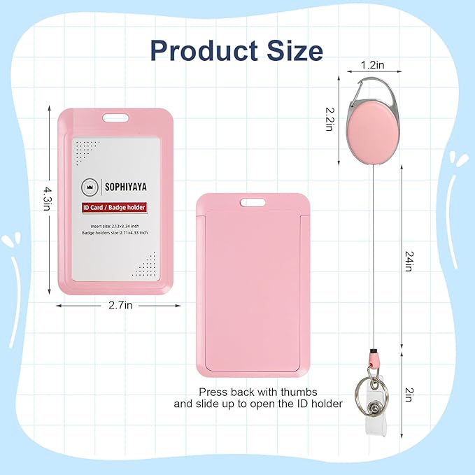 ID Badge Holder with Clip Badge Reels Ret retractable Heavy Duty Id Card with Carabiner Badge Reel with 24 inches Pull Cord for Office, School, Factory, Teacher (Pink, Vertical)