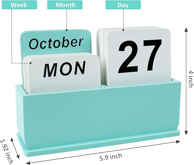 Wooden Block Perpetual Calendar for Desk, Daily Desktop Standing Flip Calendar with Large Display, Modern Farmhouse Aesthetic Desk Accessories for Home Office Decor, Reusable Yearly, Green