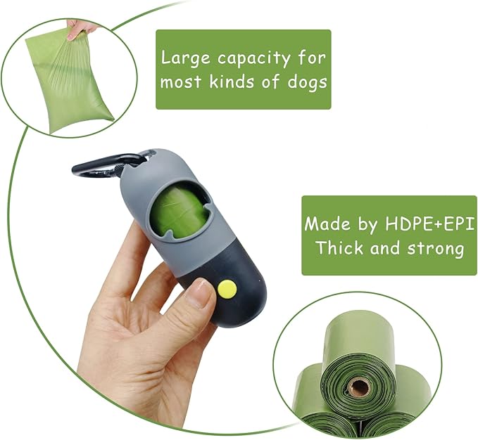 2 Pack Poop Bag Holder with Flashlight Waste Bag Dispenser for Leash with Clip and Battery Poop Bag Dispenser with Green Scented Poop Bags for Dog Walking(Black,2 Dispenser 60 Bags)