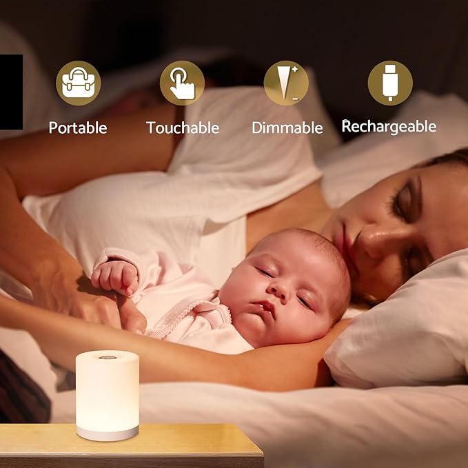 Touch Night Light for Baby Nursery, Small Cordless Lamp, Dimmable Portable Rechargeable Battery Operated Night Light, Wireless Bedside Mini Lamp for Bedroom, Bathroom