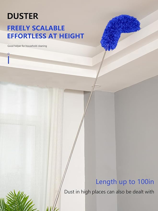 SetSail Extra-Long Dusters with Extension Pole 100-inch for Cleaning Bendable Microfiber Head Washable Ceiling Fan Cleaner Duster for Corner, High Ceilings, Furniture, Blue