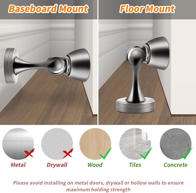 KOLAKO Door Stops, Magnetic Door Stoppers for Bottom of Door, Brushed Stainless, Heavy Duty Magnet Door Stop Floor Wall Mount Soft Catch Door Holder Magnetic Doorstop with Screw, 2 Pack