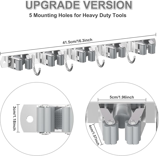 HANZENMA Broom Holder Wall Mount, Broom Organizer Wall Mount Stainless Steel Broom and Mop Hanger Heavy Duty Storage Organization for Home Kitchen Garden Garage Room 5 Racks 4 Hooks