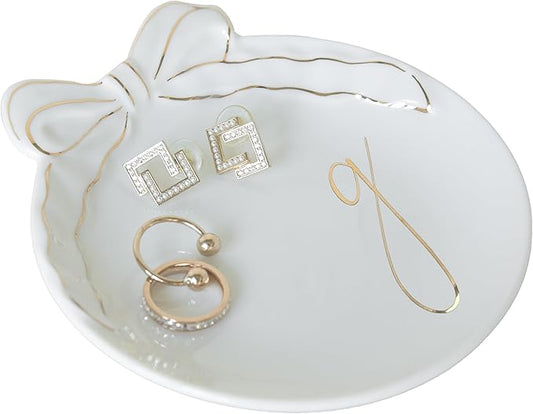 COLLECTIVE HOME - Personalized Initial Ceramic Jewelry Tray with Bow, Christmas Gift Ideas for Women, Small Gift for Girlfriend Wife, Ring Holder, Earrings Dish, Birthday Gift for Her (G)