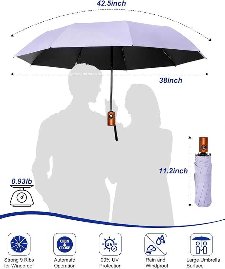SoulRain Strong Windproof Travel Umbrella with Wooden Handle, Automatic Open Close Compact Folding for Rain & Sun UV Protection, Lightweight Durable Portable for Car, Backpack, Women & Men