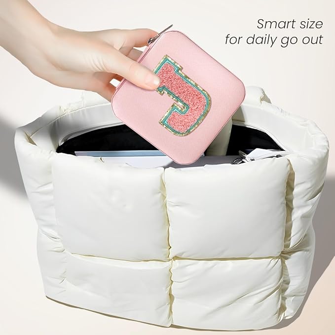 SANDJEST Personalized Jewelry Box, Pink Travel Jewelry Box with Initial J, Small Monogrammed Jewelry Case Organizer for Girls Women Teen Kids, Mini Travel Essentials Gifts for Birthday Christmas