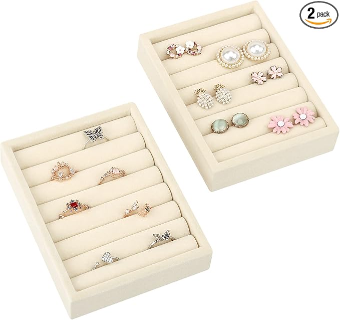 DesignSter Small Jewelry Tray-Ring Organizer 2PCS Premium Velvet Rings Earrings Display Tray Storage Insert Holder for Jewelry Box, Drawer, Dresser (8 Slots, Beige)