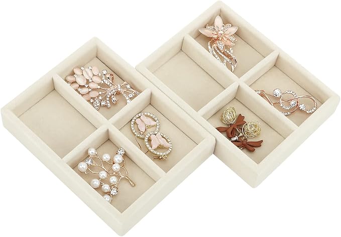 DesignSter Small Jewelry Tray-Ring Organizer 2PCS Premium Velvet Rings Earrings Display Tray Storage Insert Holder for Jewelry Box, Drawer, Dresser (4 Grids, Beige)