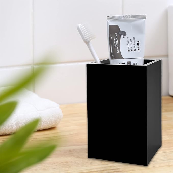 2 Pack Black Acrylic Pencil Pen Holder Cup,Desk Accessories Holder,Makeup Brush Storage Organizer,Modern Design Desktop Stationery Organizer for Office School Home Supplies,2.6x 2.6x 4 inches