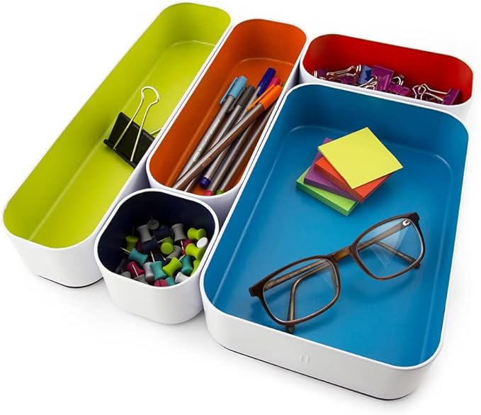 Three by Three Seattle 10-Piece Metal Organizer Tray Set for Storing Makeup, Stationery, Utensils, and More in Office Desk, Kitchen and Bathroom Drawers (2 Inch, Assorted Colors)