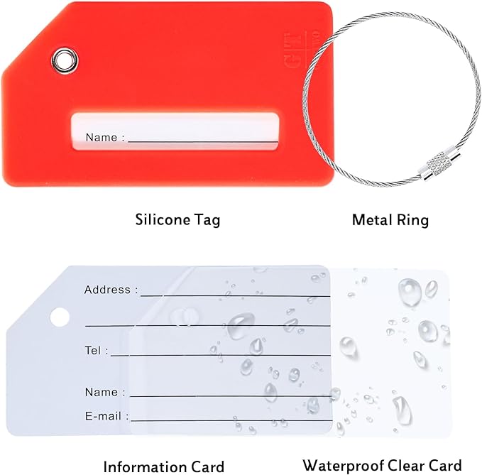 10 Pack Silicone Luggage Tag for Suitcases with Stainless Loop, TSA Approved, Privacy Protection Travel Essentials Bag Tags by Gostwo, Red