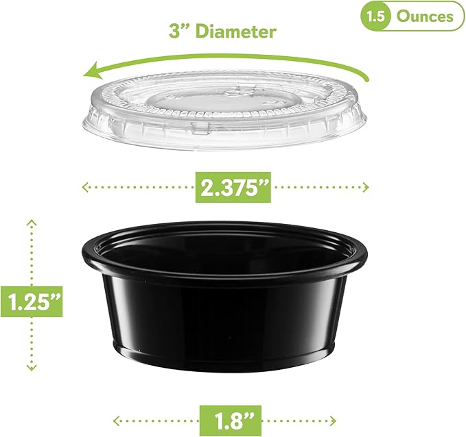 1.5 oz - 100 Sets Black Diposable Plastic Portion Cups With Lids, Small Mini Containers For Portion Controll, Jello Shots, Meal Prep, Sauce Cups, Slime, Condiments Disposable Souffle Cups