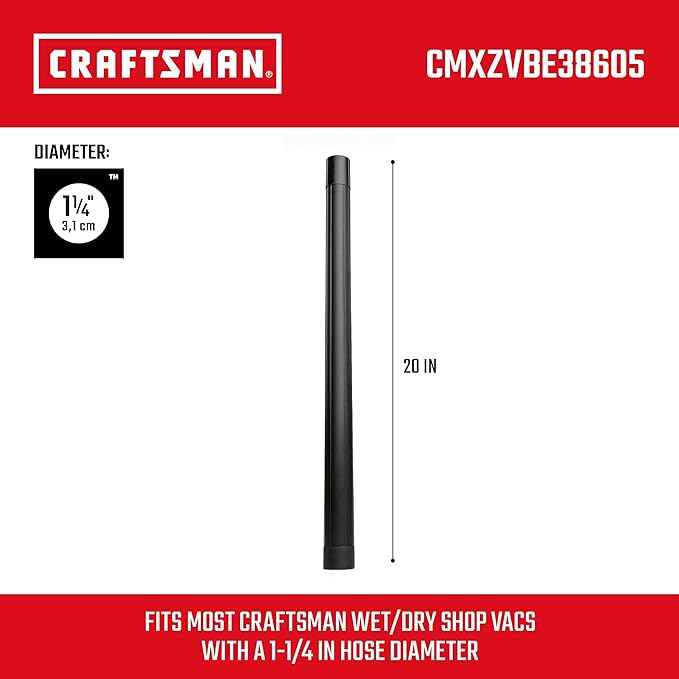CRAFTSMAN CMXZVBE38605 1-1/4 in. Extension Wand Wet Dry Vac Attachment, Industrial-Grade Shop Vacuum Accessory for Extending Reach While Cleaning, Fits 1-1/4 in. Hose Diameter