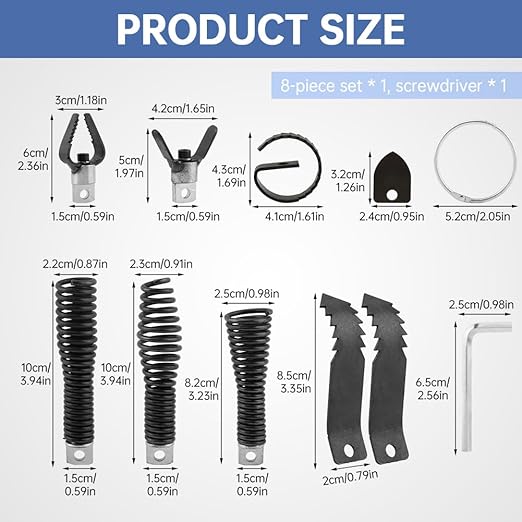 9pcs Drain Auger Drill Attachment, Cutter and Auger Set, Drain Cleaner Combination Cutter Heads for 5/16”-3/4" Cables, Compatible with 50FT-100FT Drain-Cleaning Machines for Sink/Shower/Toilet Clogs