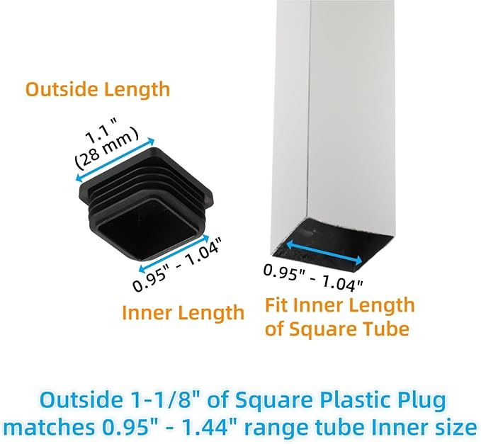 1-1/8" Square Tube End Cap Plastic Plugs Chair End Caps 1.1 Inch (28mm), 1 1/8 X 1 1/8 Tubing Plugs Furniture Sliders Glides Black (Fit 0.95-1.04" Square Tube Inner Size, 24pack)