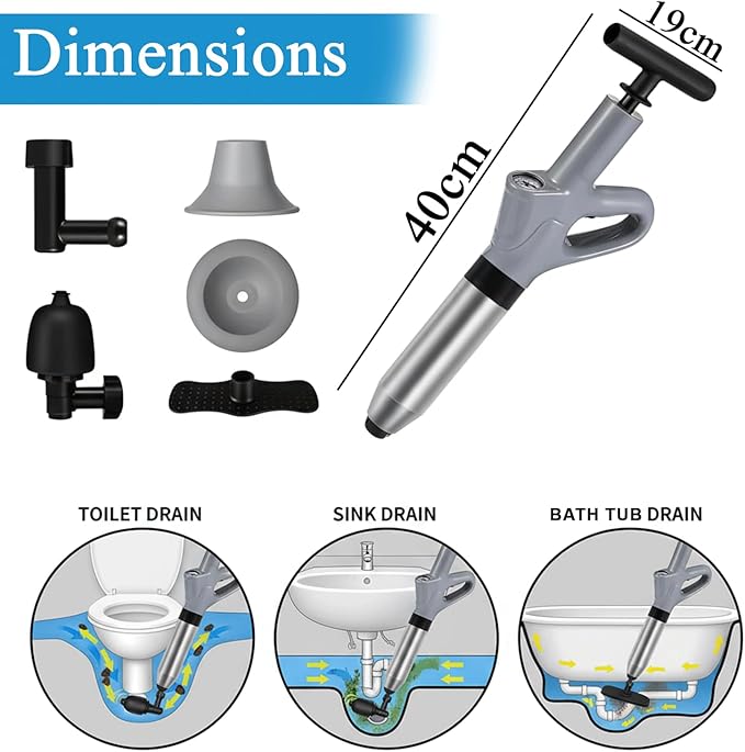 Toilet Plunger, High Pressure Toilet Plunger with Gloves,2 Hair Snake,2 Hair Filters, Toilet Auger Air Drain Blaster with Real-Time, Heavy Duty Plunger for Bathroom and Kitchen Plumbing Clogs
