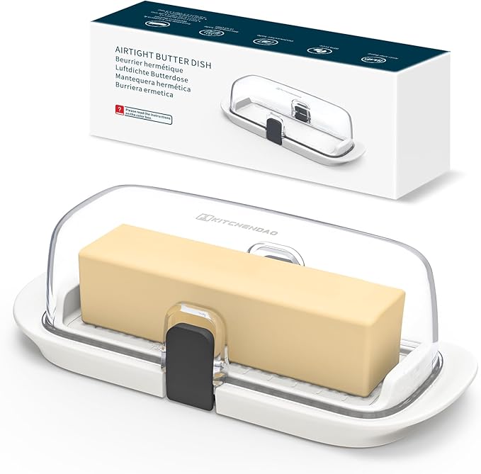 KITCHENDAO One-handed Airtight Butter Dish with Lid for Countertop and Refrigerator Door Shelf, Butter Holder with One Press to Open/Close Secure Latching Buckle for West/East Coast Butter (White)
