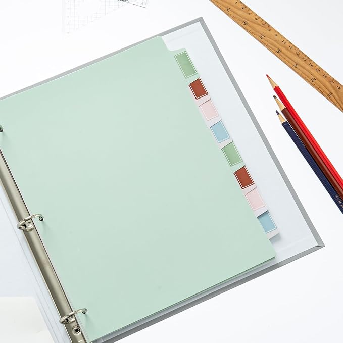 Y YOMA Colored 3 Ring Binder Dividers with Tabs Letter Size Paper Binder Tabs Page Dividers Cute Decorative Binder Index Dividers for Office School Home with 1/8-Cut Tabs, Tender Color (8 Sheet)