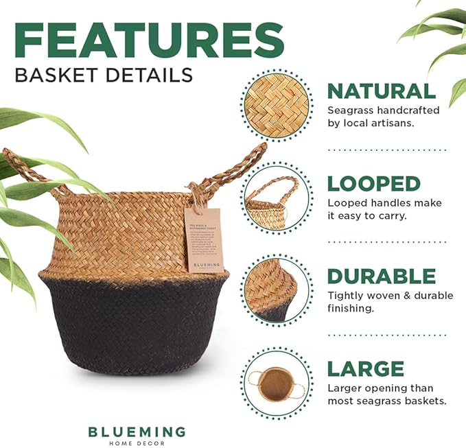 Blueming Home Wicker Plant Basket – Medium Seagrass Planter Pot for Faux Olive Trees or Houseplants, Decorative Woven Black Bottom Wicker Planter for Living Room, Shelf, or Entryway