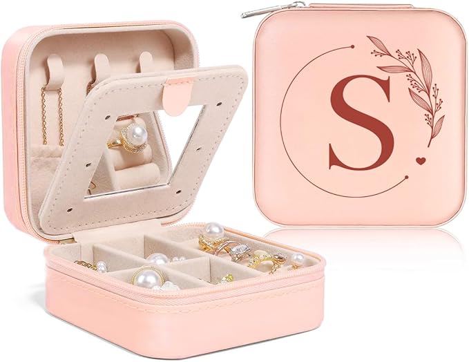 SANDJEST Personalized Jewelry Box, Pink Small Travel Jewelry Box with Initial S, Monogrammed Jewelry Case Organizer for Girls Women Teen, Mini Travel Essentials Gifts for Christmas Birthday
