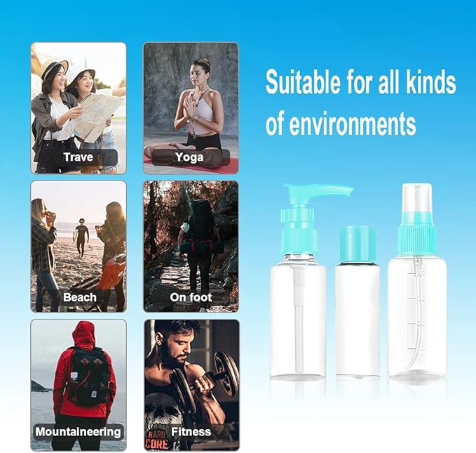 Vitog Travel Bottles Kit, TSA Approved Leak Proof Portable Toiletry Containers Set, Clear flight size PET Cosmetic Containers for Lotion, Shampoo, Cream, Soap, Set of 11 (Blue+Plastic)