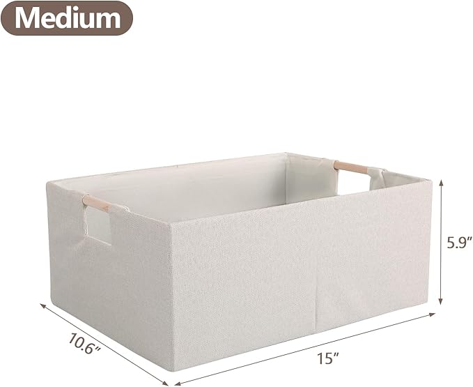 Fabric Storage Bin Box Foldable Cotton Linen Storage Basket with Wooden Handles Rectangular Cube Decorative Home Laundry Organizer Clothes Blanket Container – Beige, Medium