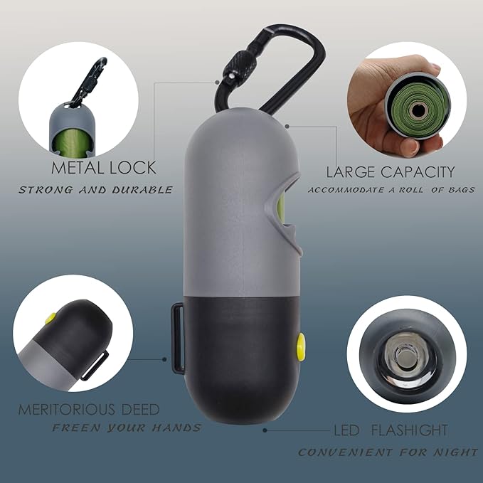 2 Pack Poop Bag Holder with Flashlight Waste Bag Dispenser for Leash with Clip and Battery Poop Bag Dispenser with Green Scented Poop Bags for Dog Walking(Black,2 Dispenser 60 Bags)