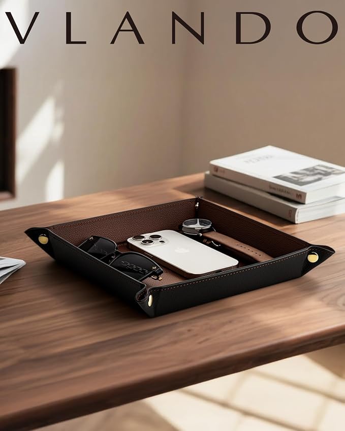 Valet Tray for Men Women, Nightstand Organizer Vanity Catchall Holder for Dresser Desk Storage Bedside, Travel PU Leather Jewelry Key Bowl Coin Watches and Candy Entryway Tray - Large, Brown